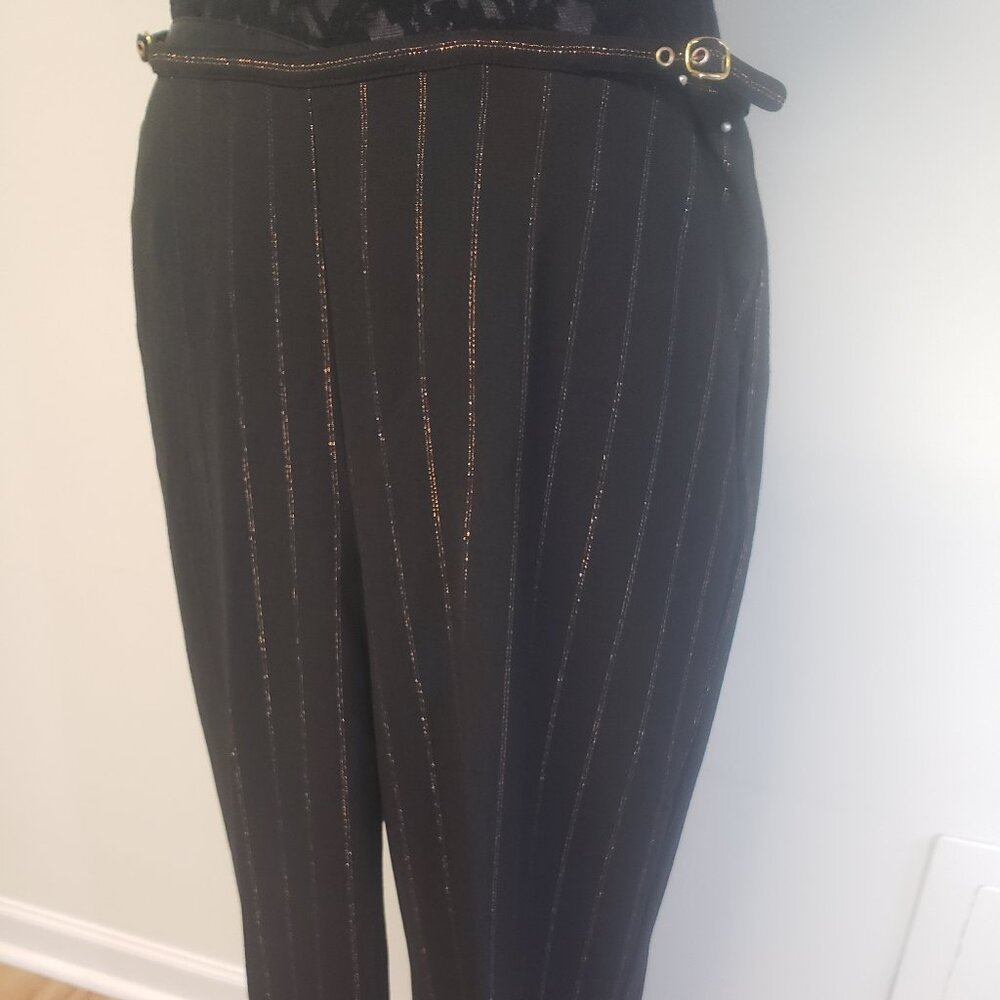 The Limited Stretch Wide Leg Double Copper Pin-Striped Black Pants